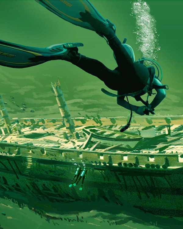 Illustration of several divers swimming towards a large underwater shipwreck site