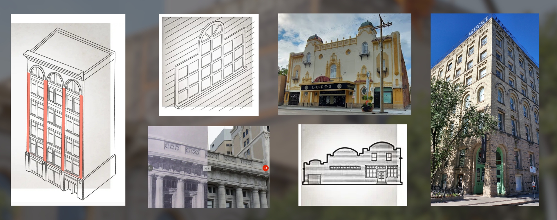 A collage of various digital line-drawings of heritage buildings and elements as well as photographs of heritage buildings in Winnipeg.